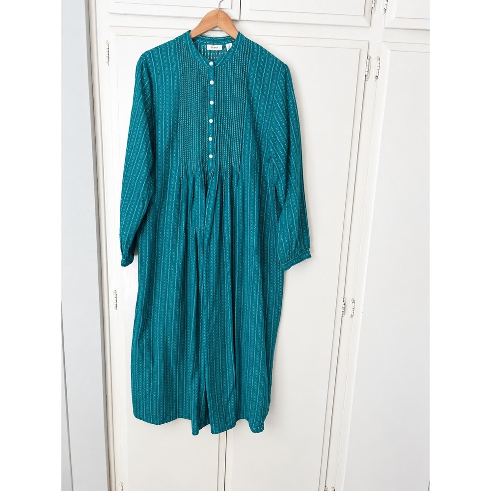 LL Bean Teal Blue White Striped Pintuck Pleated Midi Dress Petite Medium